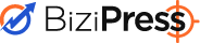 BiziPress logo with stylized arrow and text.